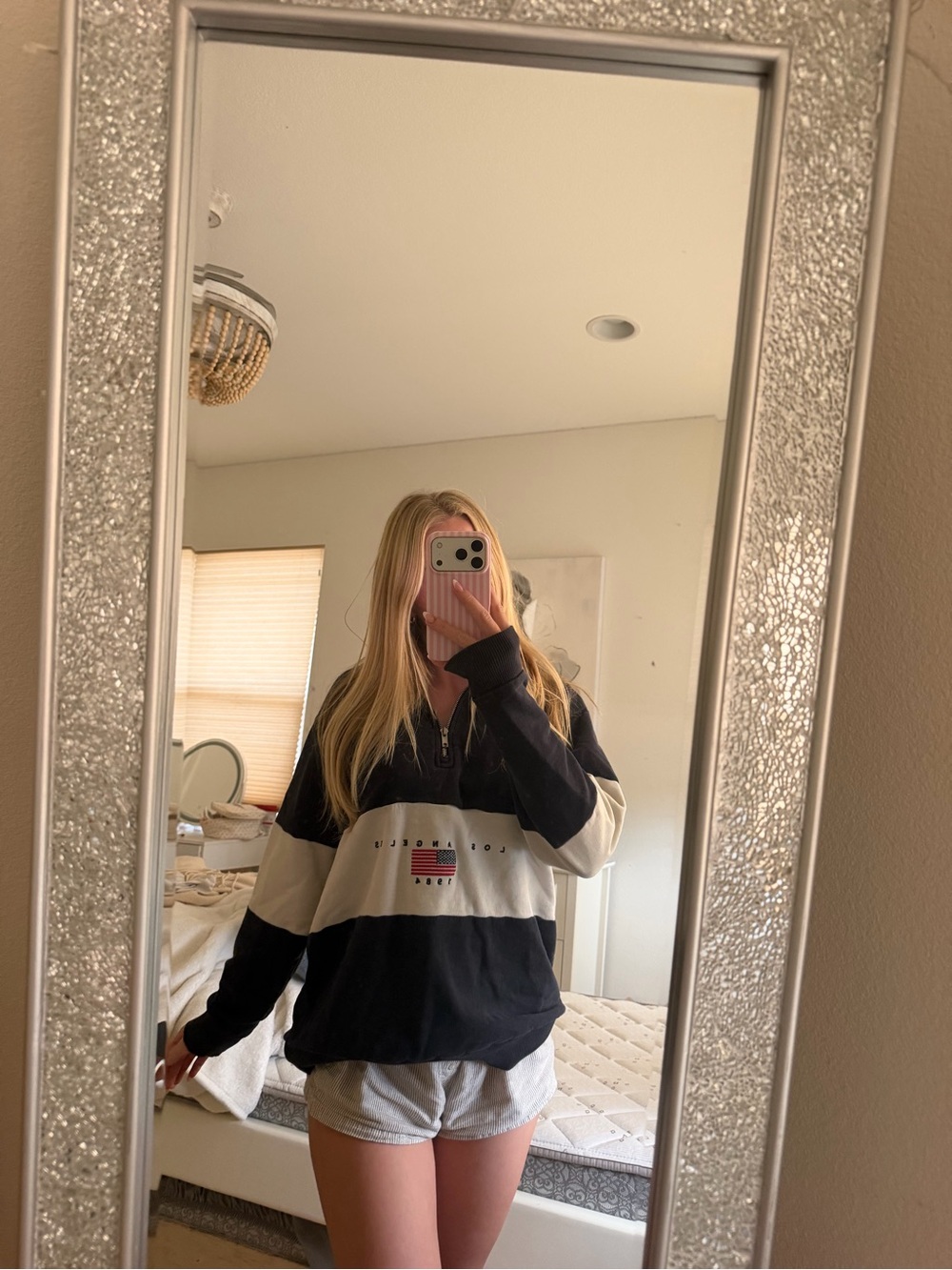 Brandy Melville Navy & Cream Half-Zip Striped Pullover